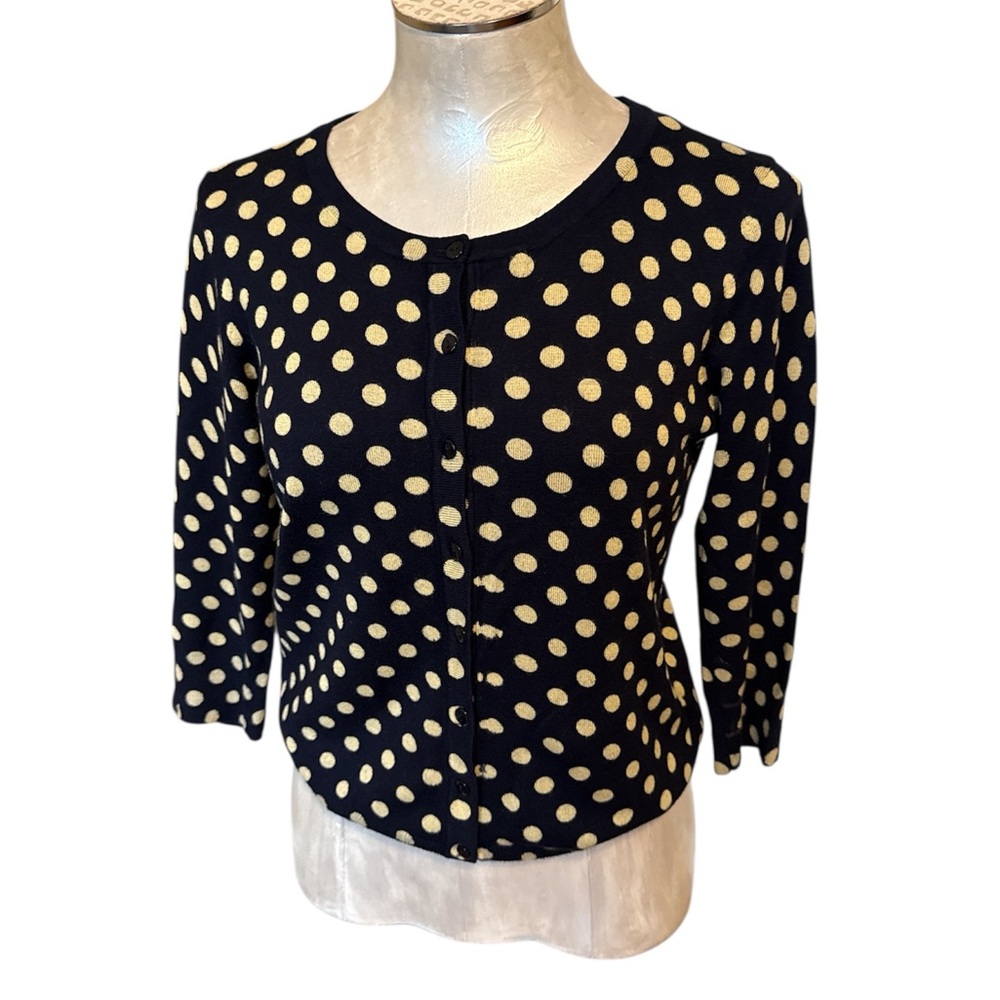 89th & Madison Women’s Navy&Tan Polka Dot Fitted Cardigan 3/4 sleeves medium